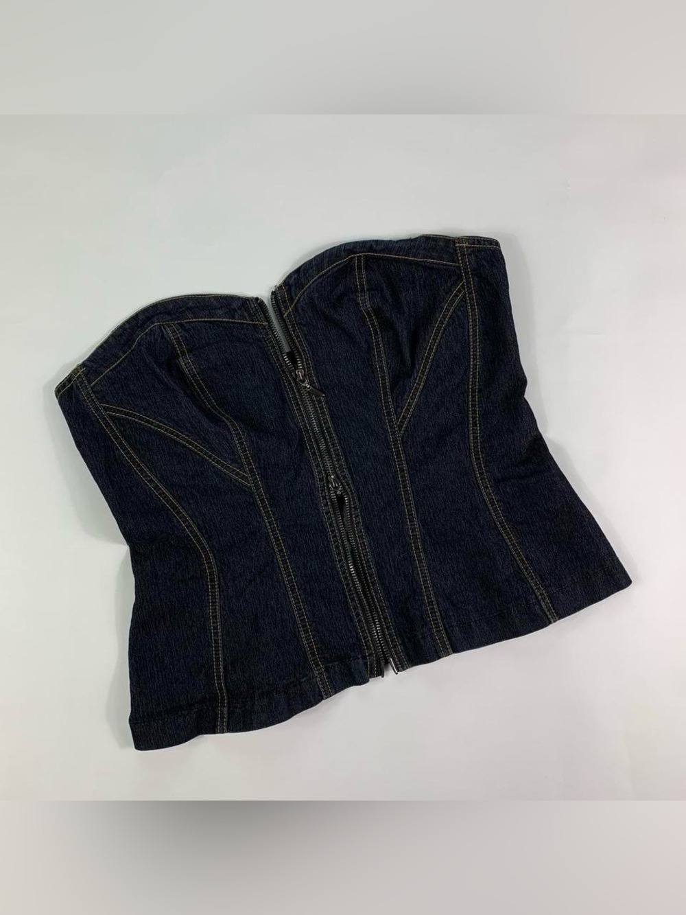 Bisou Bisou Denim Corset Top Zip Front Strapless Bustier Y2K Dark Wash